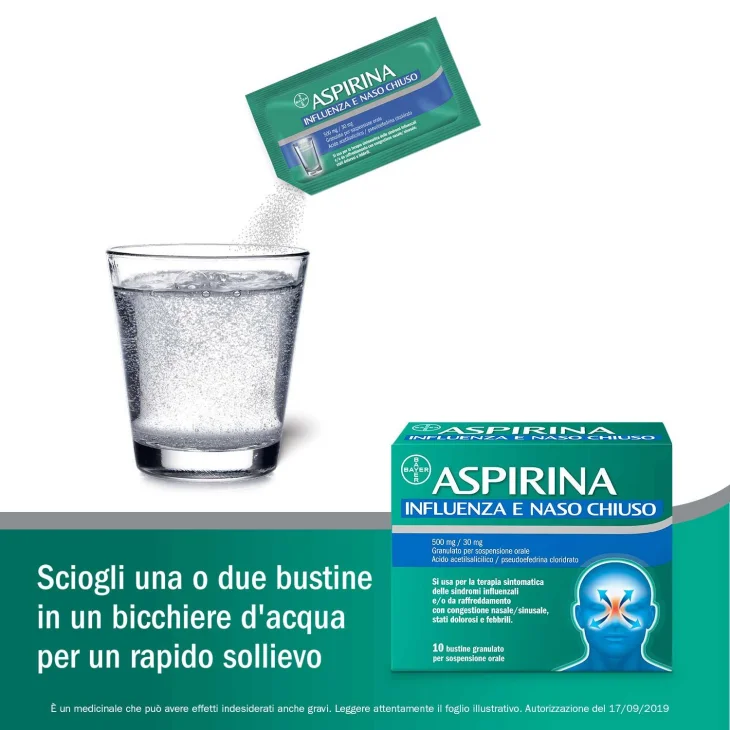 Aspirina 500 mg + 30 mg Influenza e Naso Chiuso 10 Bustine Granulato