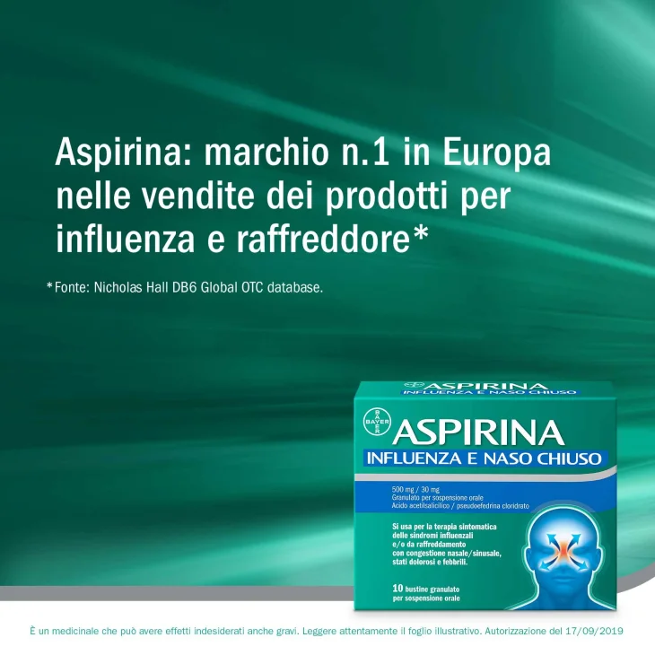 Aspirina 500 mg + 30 mg Influenza e Naso Chiuso 10 Bustine Granulato