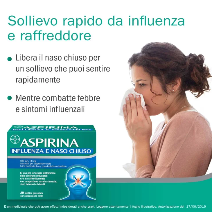 Aspirina 500 mg + 30 mg Influenza e Naso Chiuso 20 Bustine Granulato