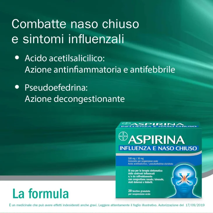 Aspirina 500 mg + 30 mg Influenza e Naso Chiuso 20 Bustine Granulato