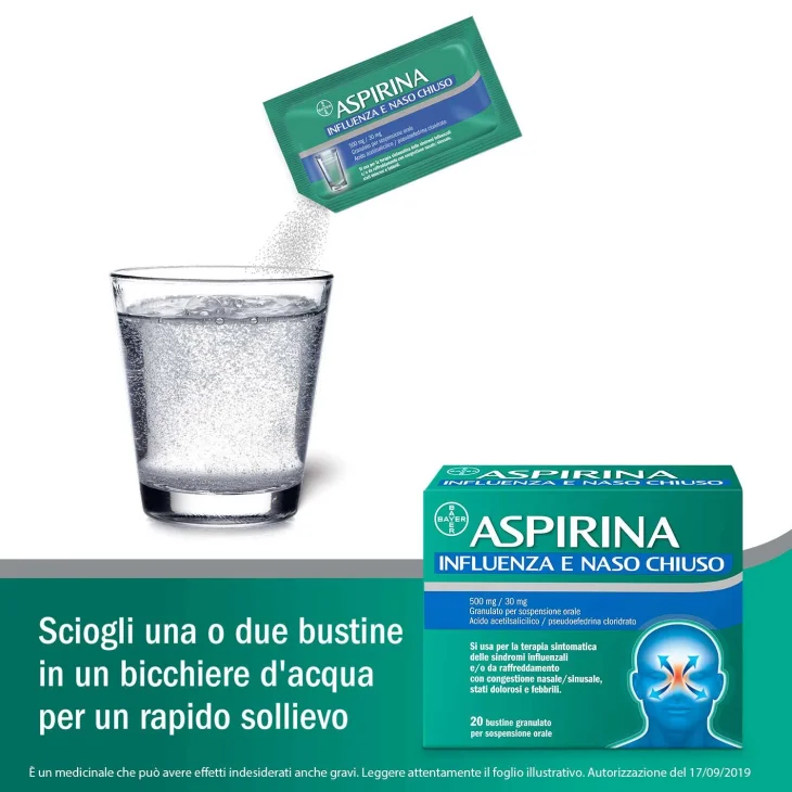 Aspirina 500 mg + 30 mg Influenza e Naso Chiuso 20 Bustine Granulato