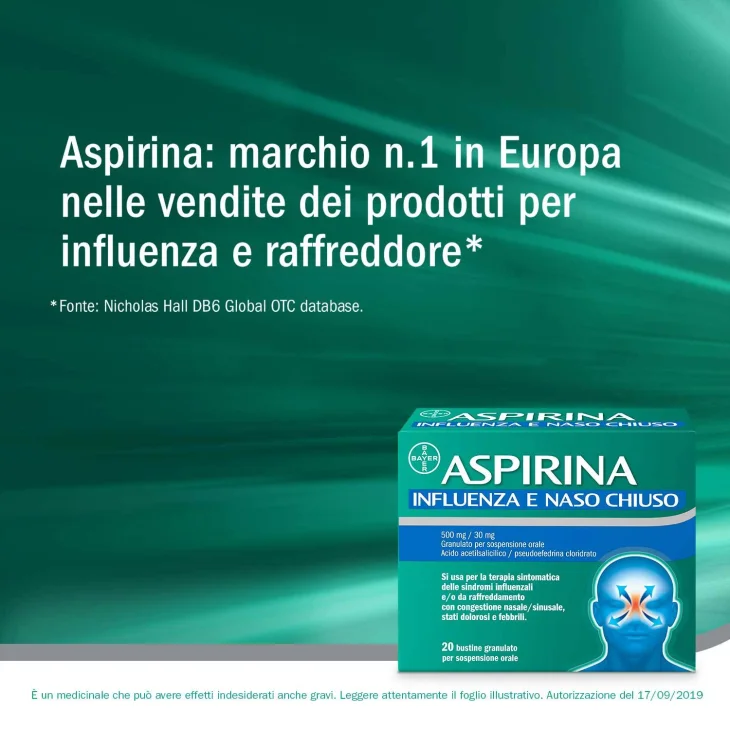Aspirina 500 mg + 30 mg Influenza e Naso Chiuso 20 Bustine Granulato