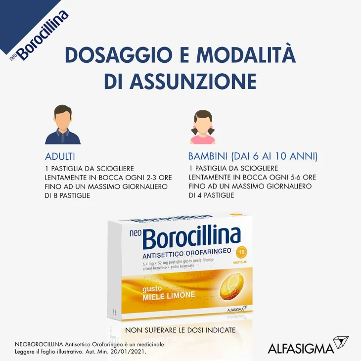 Neoborocillina Antisettico Orofaringeo 6,4 mg + 52 mg - Miele e Limone 16 Pastiglie
