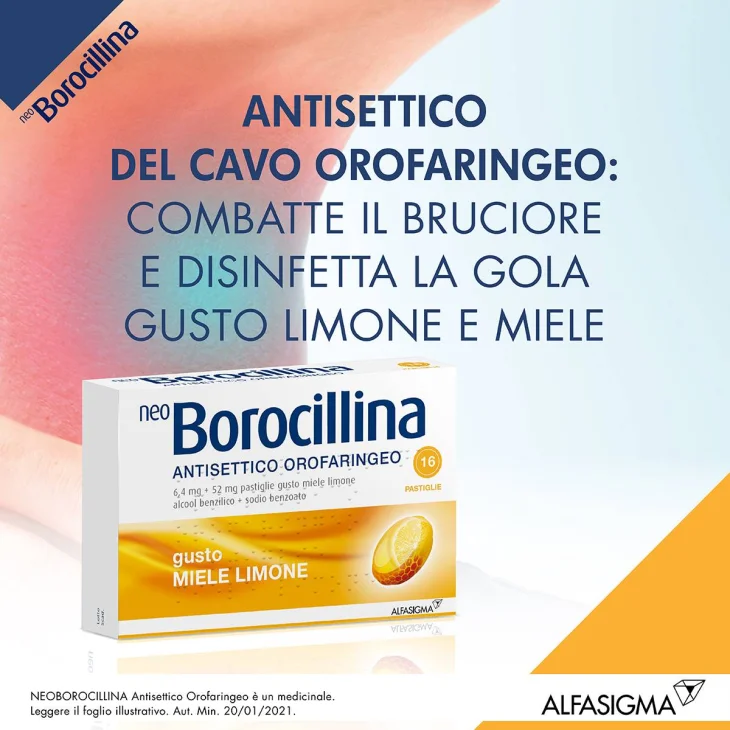 Neoborocillina Antisettico Orofaringeo 6,4 mg + 52 mg - Miele e Limone 16 Pastiglie