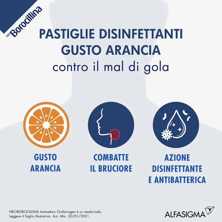 Neoborocillina Antisettico Orofaringeo 6,4 mg + 52 mg - Arancia 16 Pastiglie