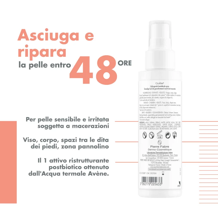 Av&egrave;ne Eau Thermale Cicalfate+ Spray Adsorbente Ristrutturante, ripara zone umide soggette a macerazione, con Rame e Zinco, Pelle fragilizzata, 100ml