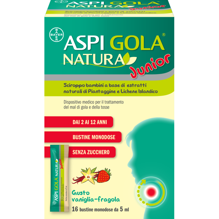 Aspi Gola Natura Junior per il benessere della gola dei bambini 16 bustine monodose da 5 ml