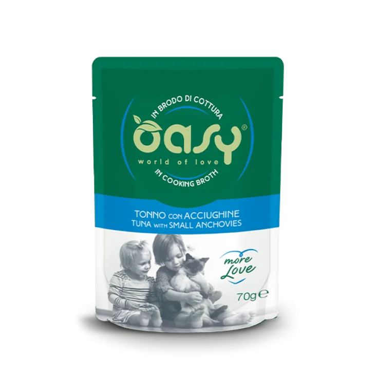 Oasy Wet Cat More Love Cibo Umido per Gatti Adulti gusto Tonno e Acciughe 70 g