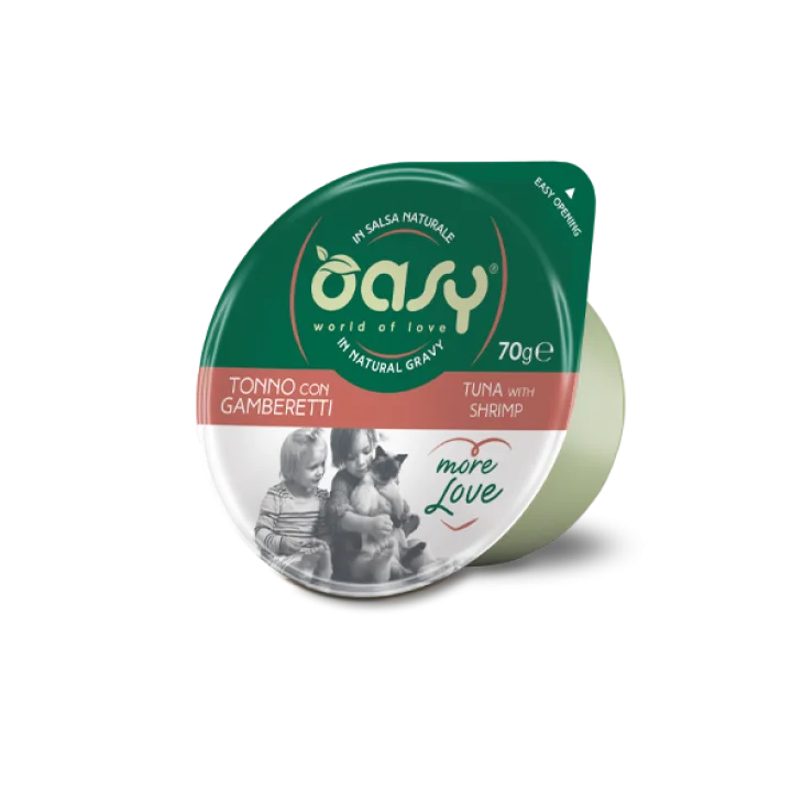 Oasy Wet Cat More Love Cibo Umido per Gatti Gusto Tonno con Gamberetti Cup 70 g