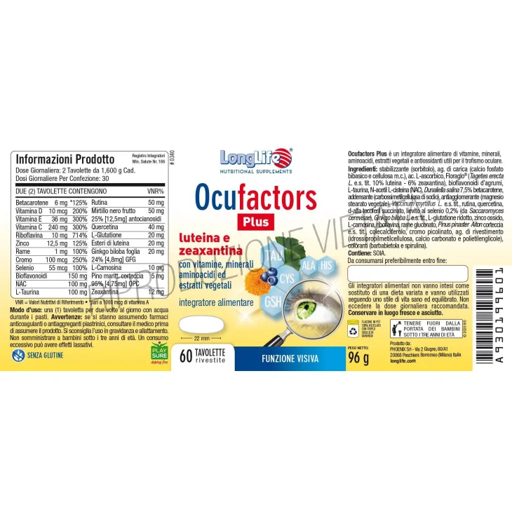 Longlife Ocufactors Plus Integratore Funzionalità Visiva 60 Tavolette