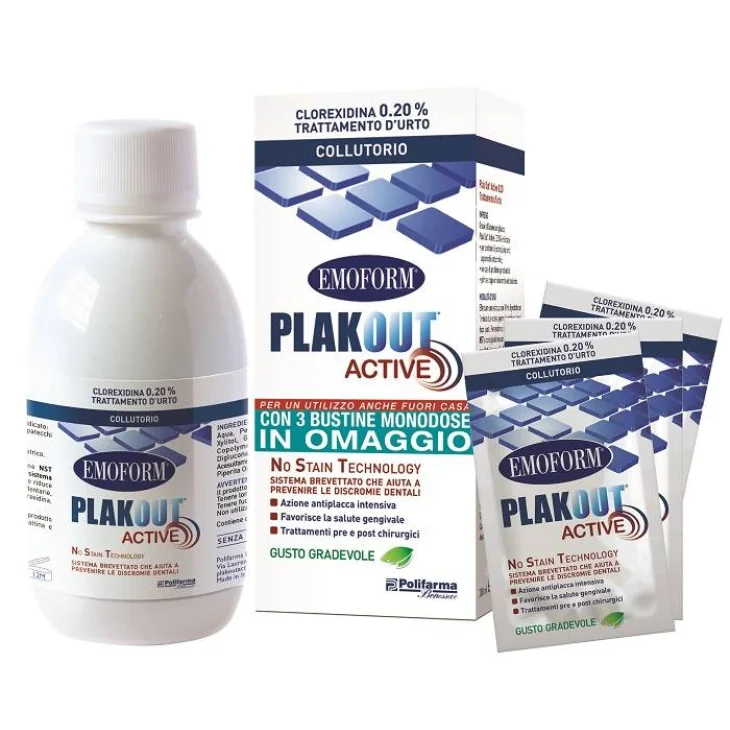 Polifarma Plakout Active Clorexidina 0,20% Collutorio 200 ml + 3 bustine Omaggio