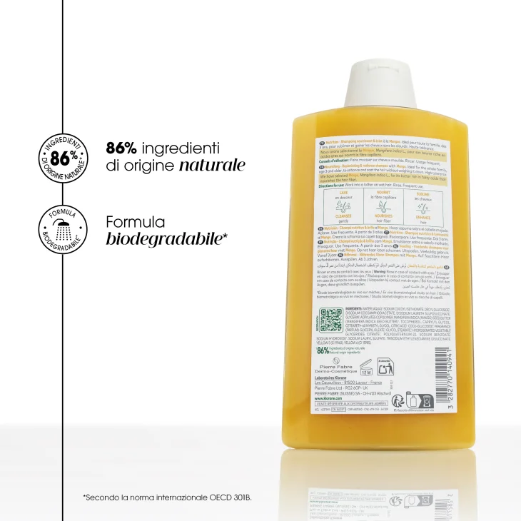 Klorane Shampoo Nutritivo al Burro di Mango Capelli Secchi 400 ml