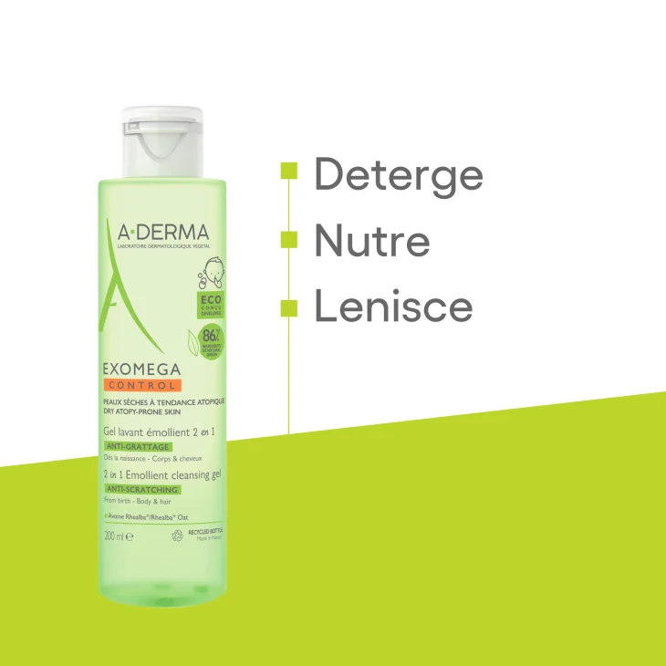 A-Derma Exomega Control Gel Detergente Emolliente 2in1 Viso Corpo e Capelli Bambini 200ml