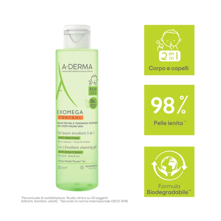 A-Derma Exomega Control Gel Detergente Emolliente 2in1 Viso Corpo e Capelli Bambini 200ml