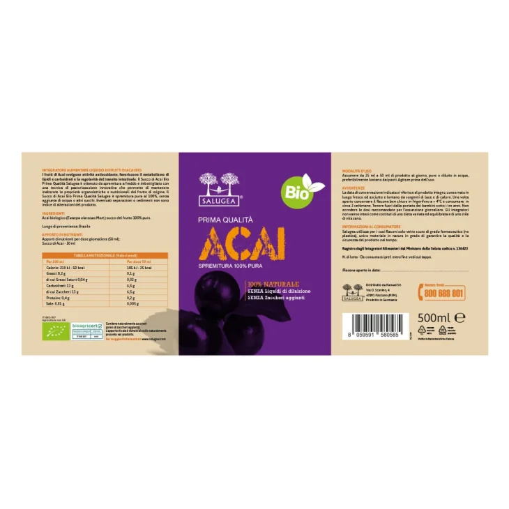 Salugea Succo Acai Bio per Cuore e Circolazione 500 ml