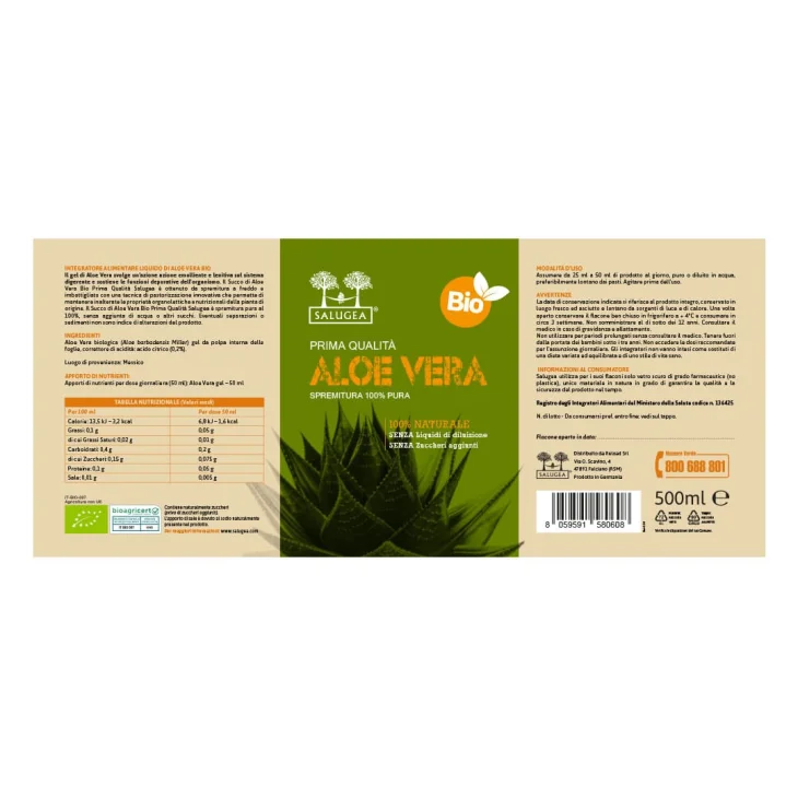 Salugea Succo Aloe Vera Bio Integratore per il benessere intestinale 500 ml