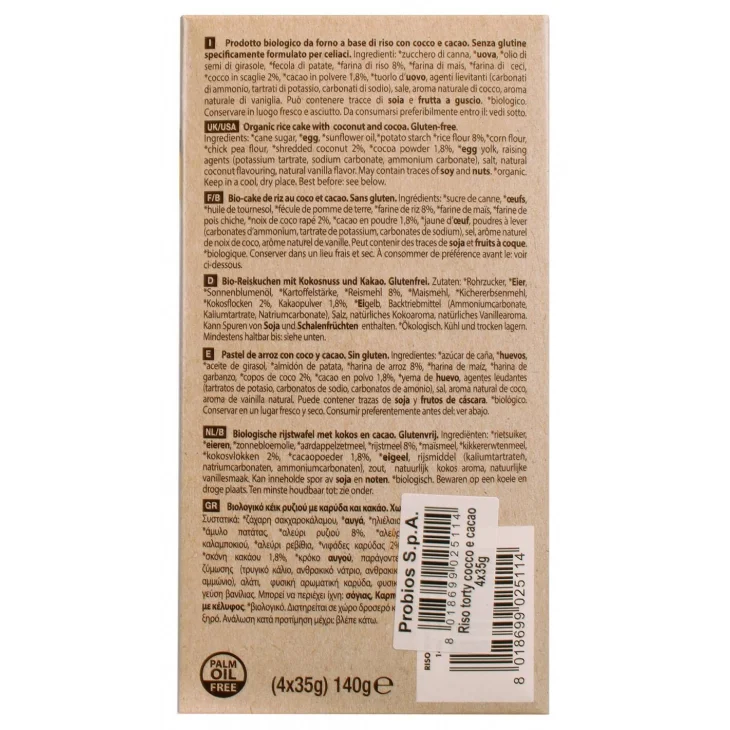 Probios Rice & Rice Riso Torty Cocco Cacao Senza Glutine 35 g x 4