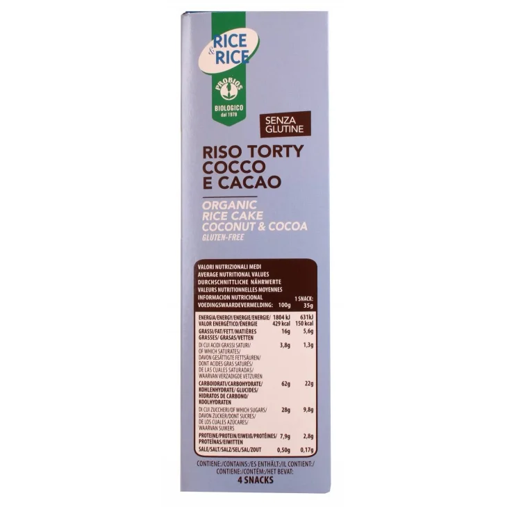 Probios Rice & Rice Riso Torty Cocco Cacao Senza Glutine 35 g x 4