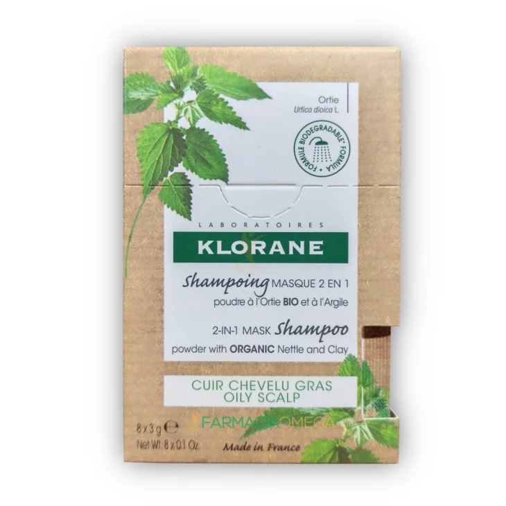 Klorane Shampoo Maschera 2 in 1 Polvere all'Ortica BIO e all'Argilla 8 bustine
