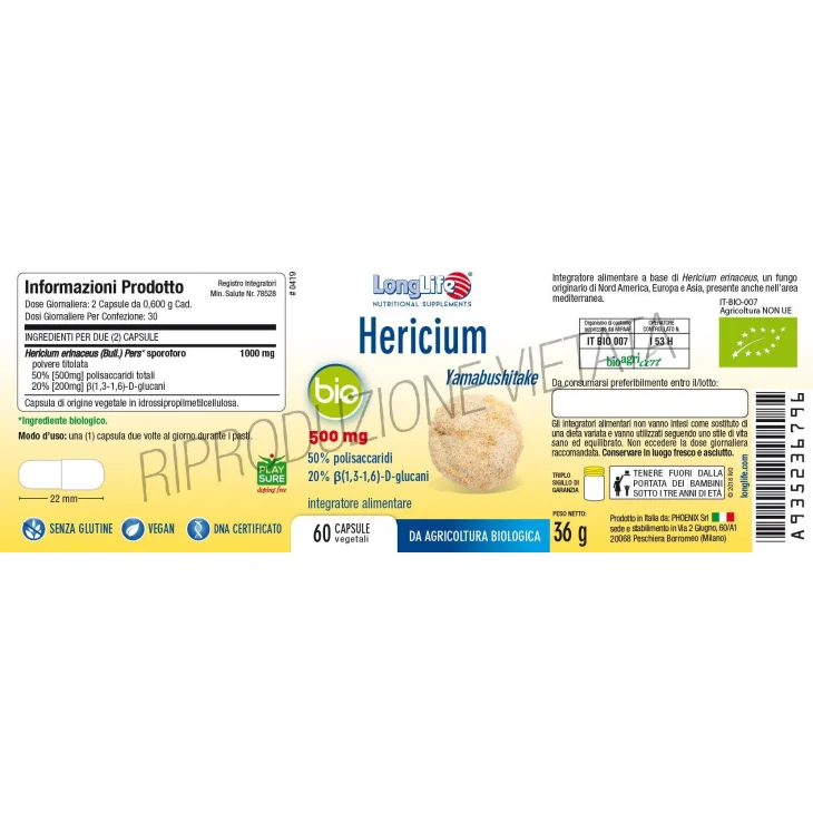 Longlife Hericium Bio Integratore per Stomaco ed Intestino 60 capsule