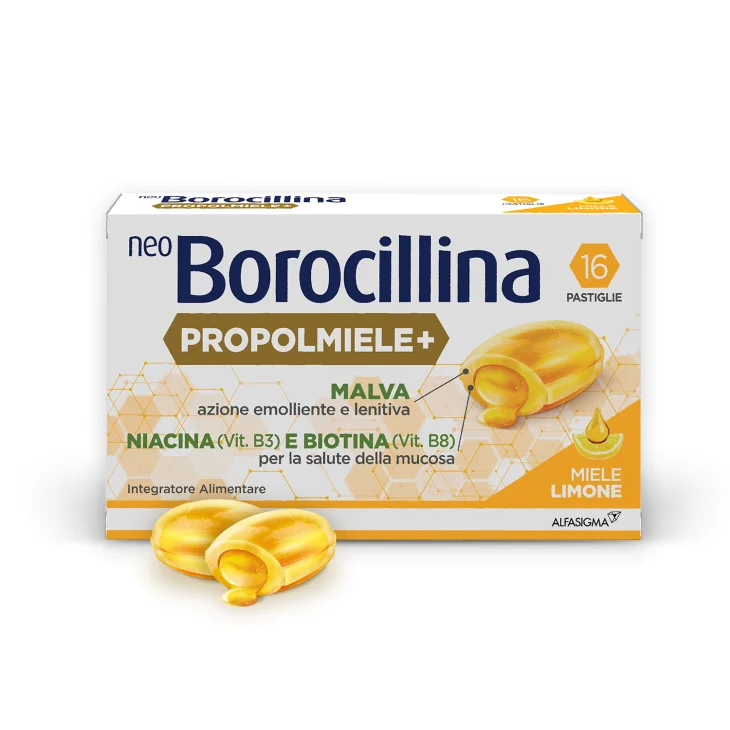NeoBorocillina Propolmiele+ Mal di Gola Gusto Miele-Limone 16 Pastiglie