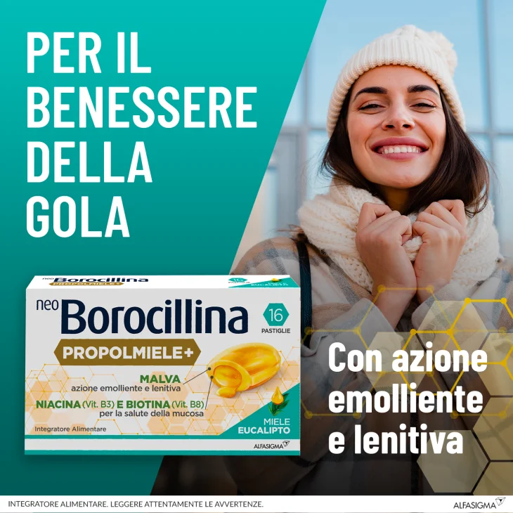 NeoBorocillina Propolmiele+ Mal di Gola Gusto Miele-Eucalipto 16 Pastiglie