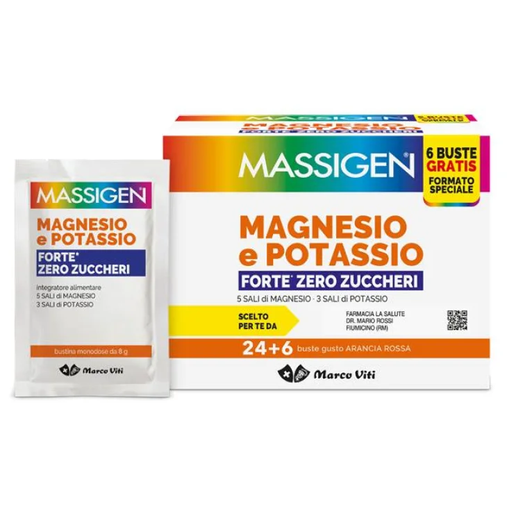 Massigen Magnesio e Potassio Forte Zero Zuccheri 24 + 6 bustine