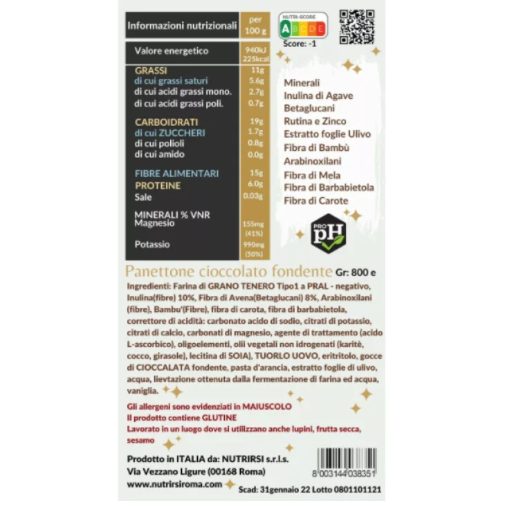 Nutrirsi Panettone Senza Zucchero Gocce di Cioccolato Fondente e Pasta d'Arancia 800 g