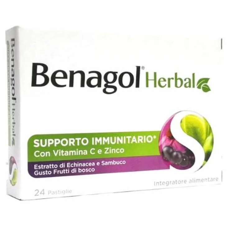 Benagol Herbal Gusto Frutti di Bosco Integratore per Sistema Immunitario 24 Pastiglie
