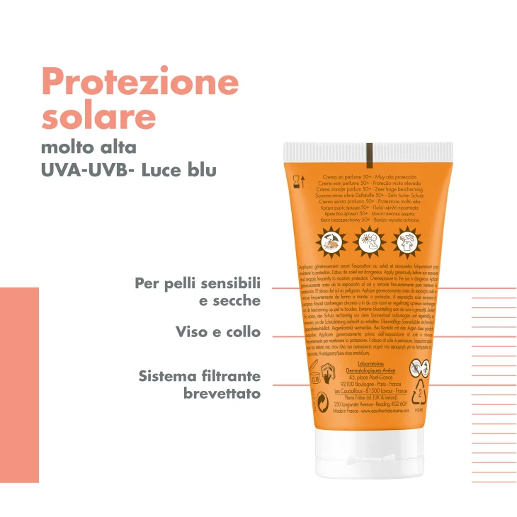 Av&egrave;ne Eau Thermale Crema viso senza profumo SPF50+ Protezione molto alta, Finish idratante invisibile, Pelle secca e sensibile 50ml