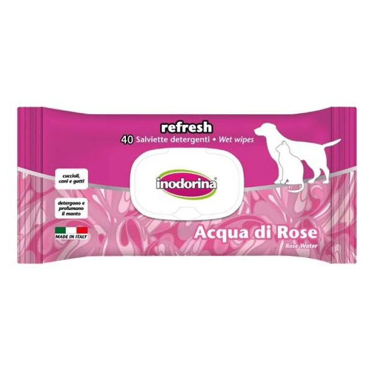 Inodorina Refresh Acqua di Rose Salviette Detergenti Cani e Gatti 40 salviette