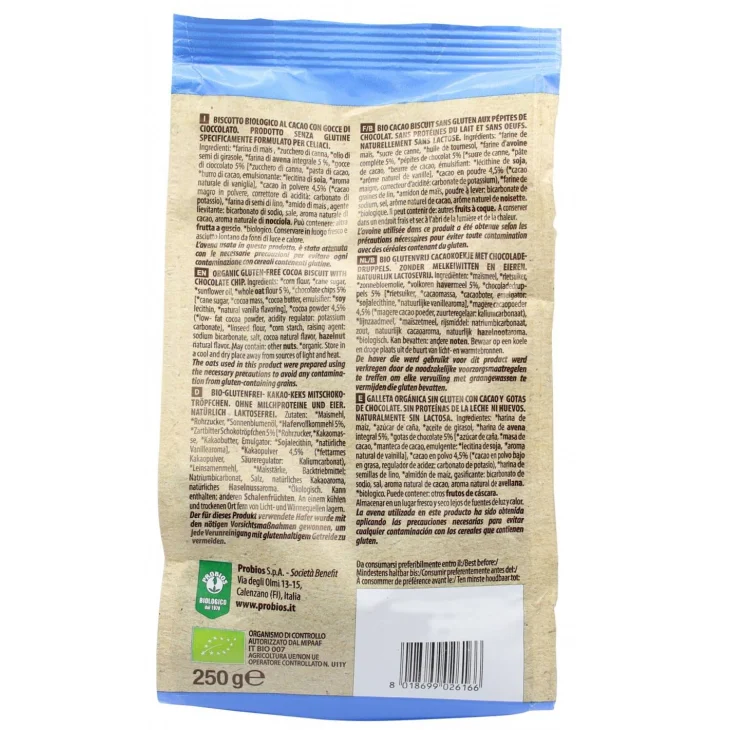 Probios Biscotto Bis-Free Dark Gocce Di Cioccolato Senza Glutine 250 G