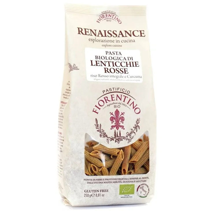 PASTIFICIO FIORENTINO RENAISSANCE PASTA BIOLOGICA DI LENTICCHIE ROSSE/RISO ROSSO E CURCUMA PENNE 250 G