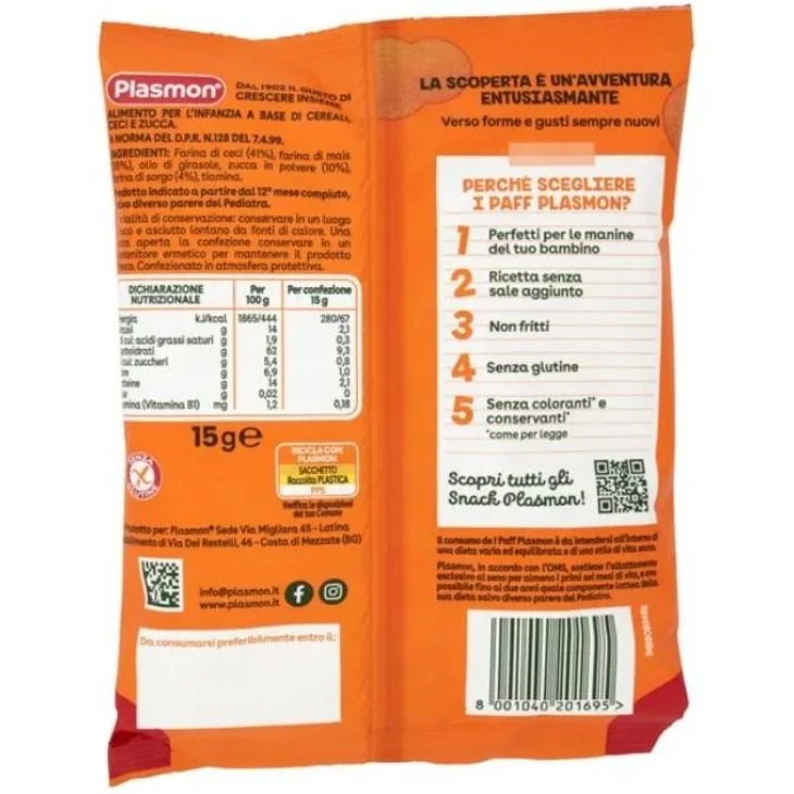 Plasmon i Paff Stelline Ceci e Zucca Snack per Bambini 15 g