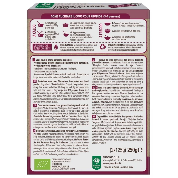 Probios Altri Cereali Cous Cous di Grano Saraceno Bio Senza Glutine 250 g