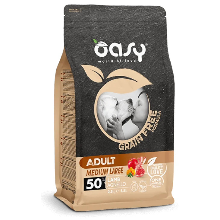 ﻿Oasy Grain Free Dog Formula Adult Medium Large Cibo Secco per Cani Senza Cereali Gusto Agnello 2.5 kg