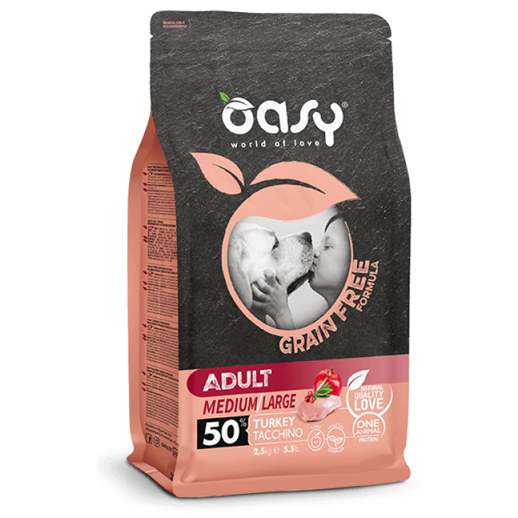 Oasy Grain Free Dog Formula Adult Medium Large Cibo Secco per Cani Senza Cereali Gusto Tacchino 2.5 kg