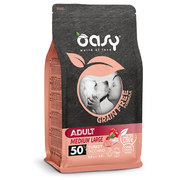 Oasy Grain Free Dog Formula Adult Medium Large Cibo Secco per Cani Senza Cereali Gusto Tacchino 2.5 kg