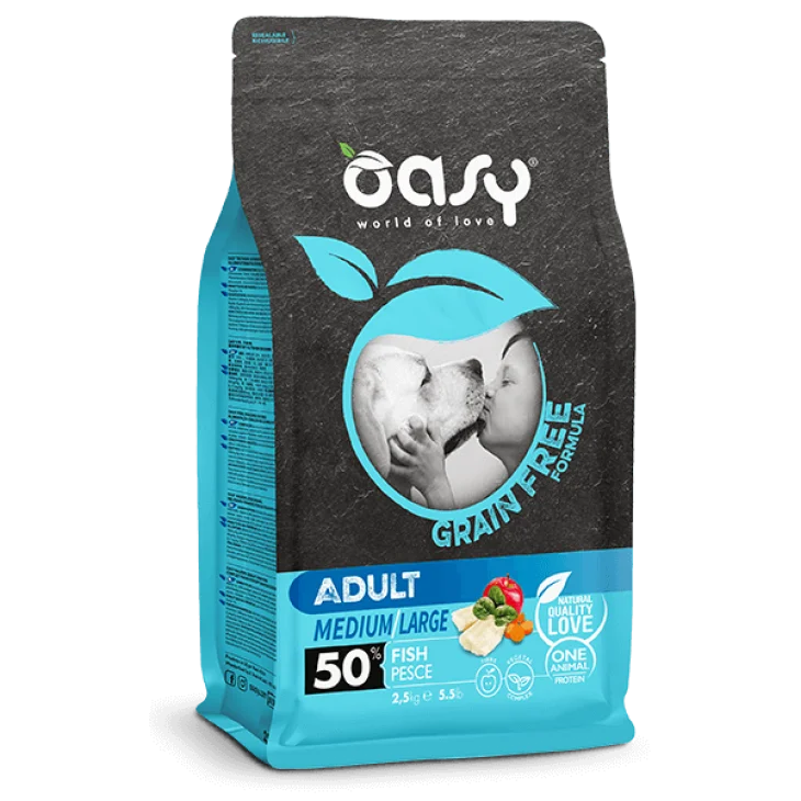 Oasy Grain Free Dog Formula Adult Medium Large Cibo Secco per Cani Senza Cereali Gusto Pesce 2.5 kg