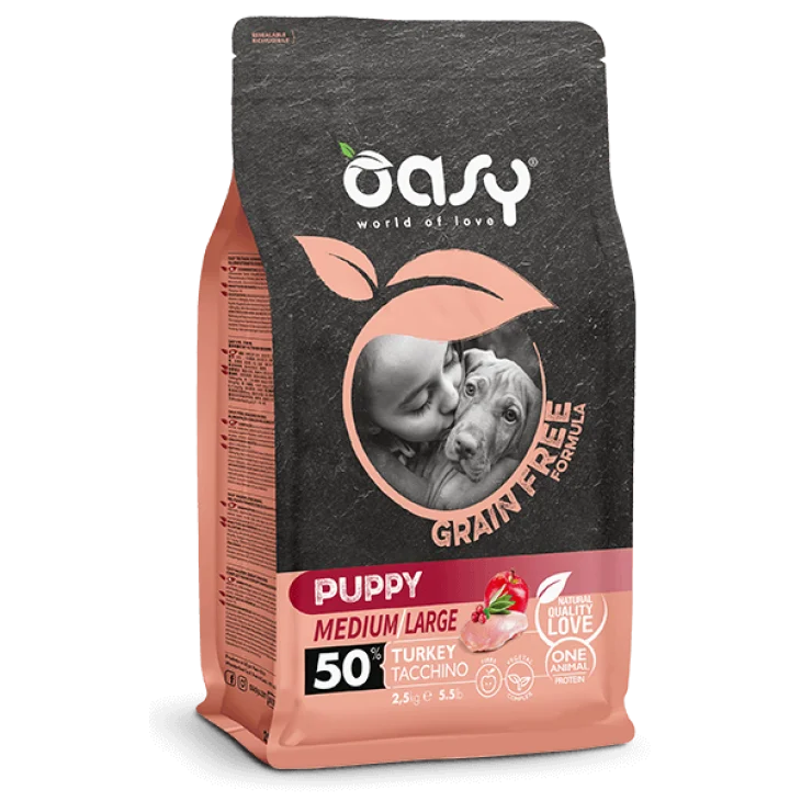 Oasy Grain Free Formula Puppy Medium/Large Cibo Secco per Cani Cuccioli Gusto Tacchino 12 kg