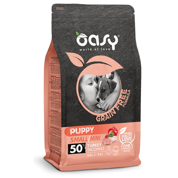 Oasy Grain Free Formula Puppy Small/Mini Cibo Secco per Cani Senza Glutine Gusto Tacchino 2,5 kg