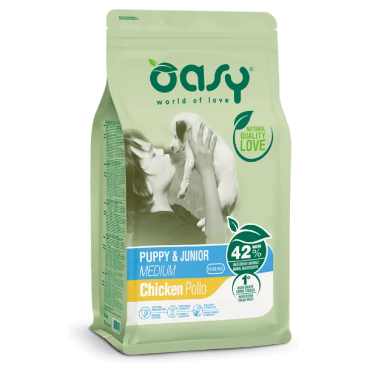 Oasy Puppy & Junior Medium Cibo Secco per Cani di Taglia Media Gusto Pollo 3 kg