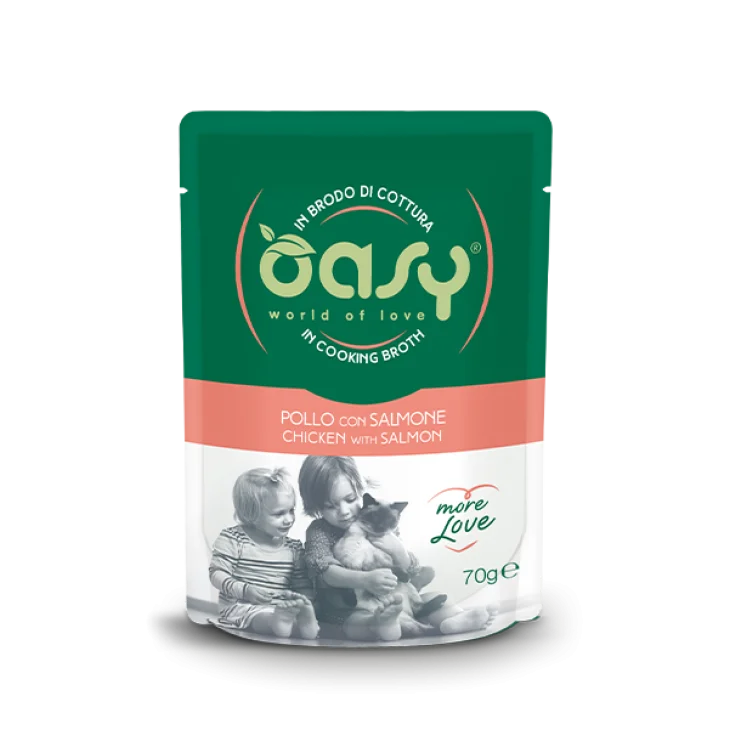 Oasy Wet Cat More Love Cibo Umido per Gatti Adulti gusto Pollo e Salmone 70 g
