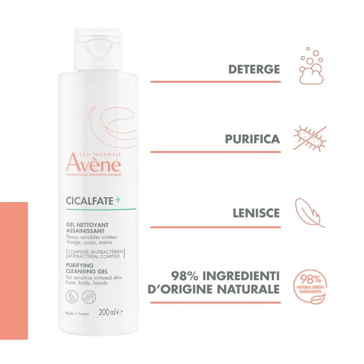 Av&egrave;ne Eau Thermale Cicalfate+ Gel Doccia Detergente Purificante, Idrata e Lenisce le irritazioni, Viso e corpo, Pelle fragilizzata per tutta la famiglia, 200 ml