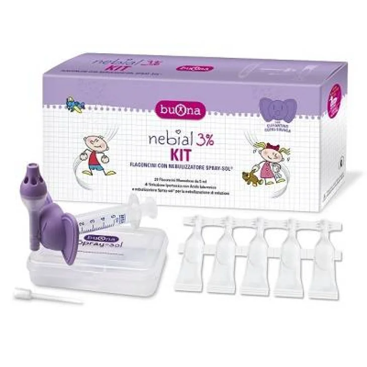Nebial 3% Kit Soluzione Ipertonica Con Acido Ialuronico 20 Flaconcini Monodose 5 ml e Nebulizzatore Spray