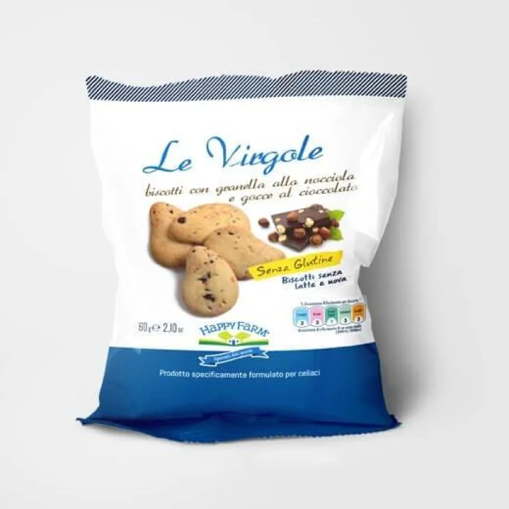 Happy Farm Virgole Nocciola e Gocce di Cioccolato biscoSenza Glutine Latte e Uova 60 g