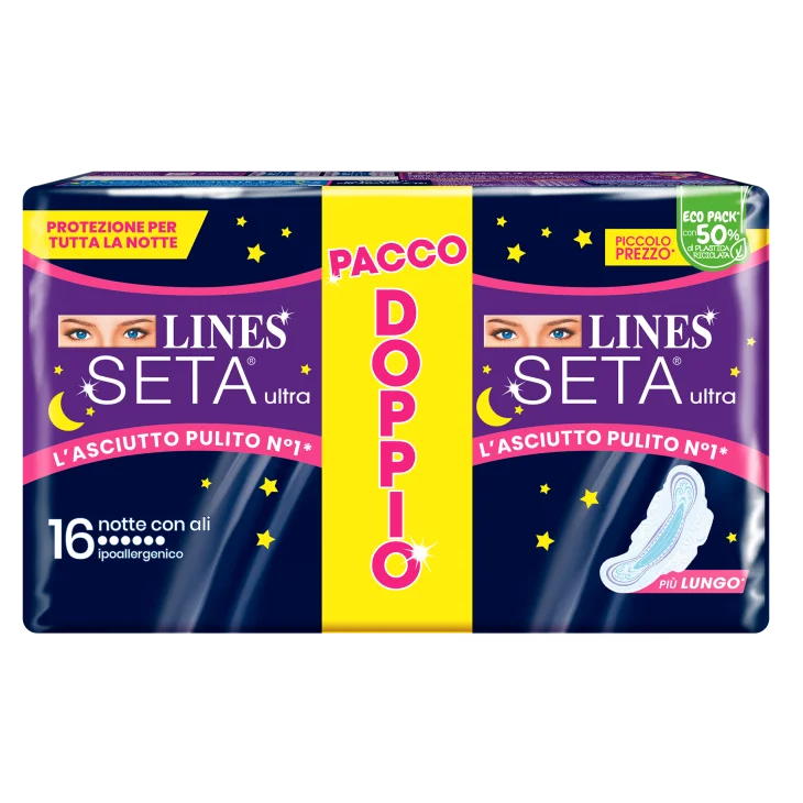 Lines Seta Ultra Assorbenti Notte Con Ali Pacco Doppio 16 pezzi