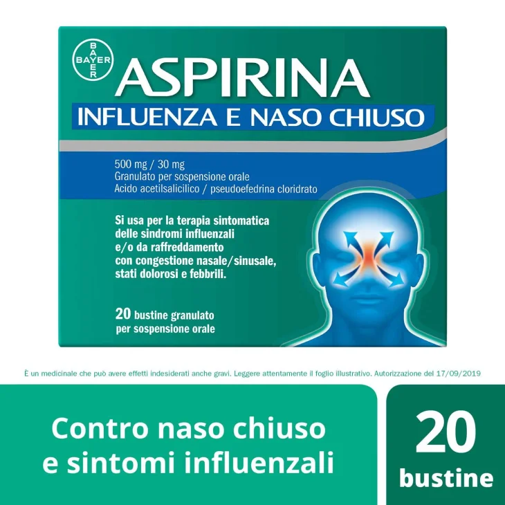 Aspirina 500 mg + 30 mg Influenza e Naso Chiuso 20 Bustine Granulato