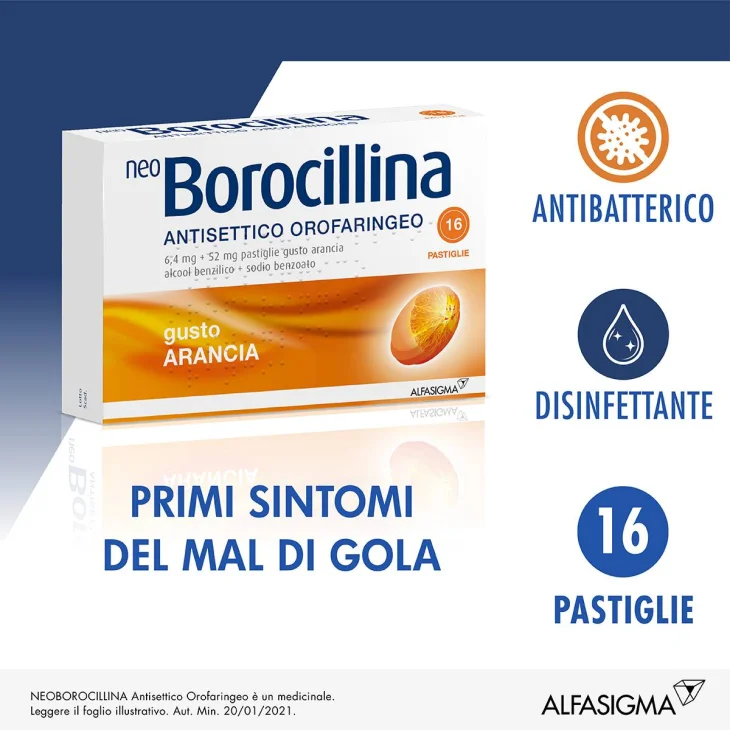 Neoborocillina Antisettico Orofaringeo 6,4 mg + 52 mg - Arancia 16 Pastiglie