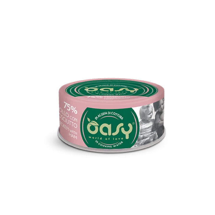 Oasy Wet Cat More Love Cibo Umido per Gatti in Lattina gusto Pollo con Prosciutto 70 g